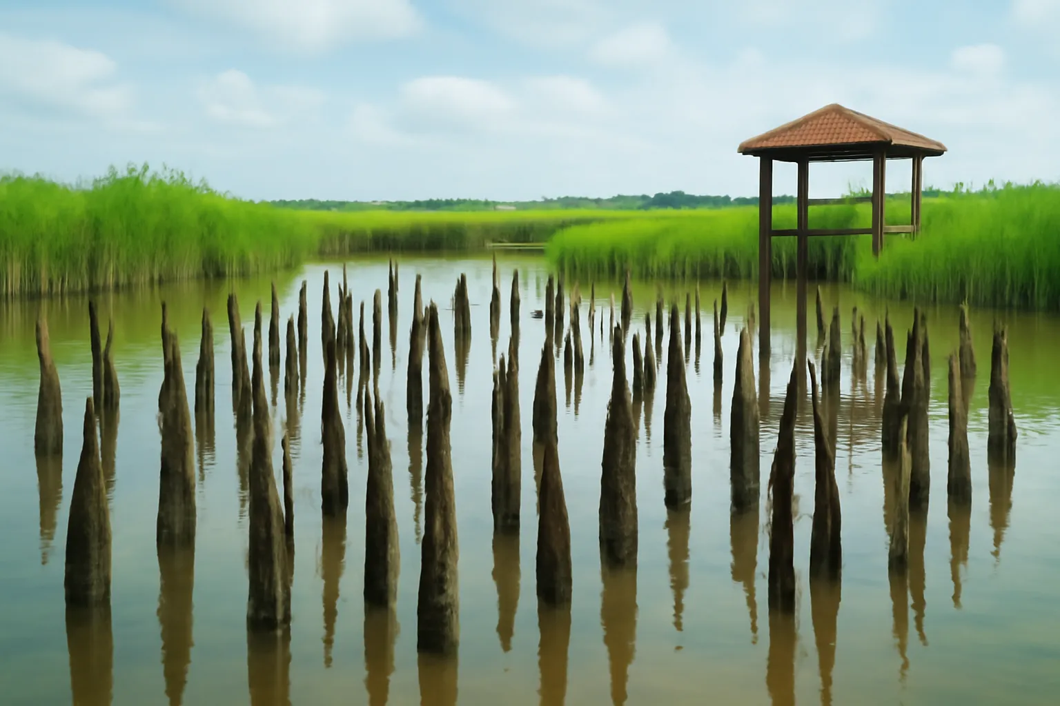 Hàng cọc gỗ sẫm màu nhô lên trong một ao nước trong