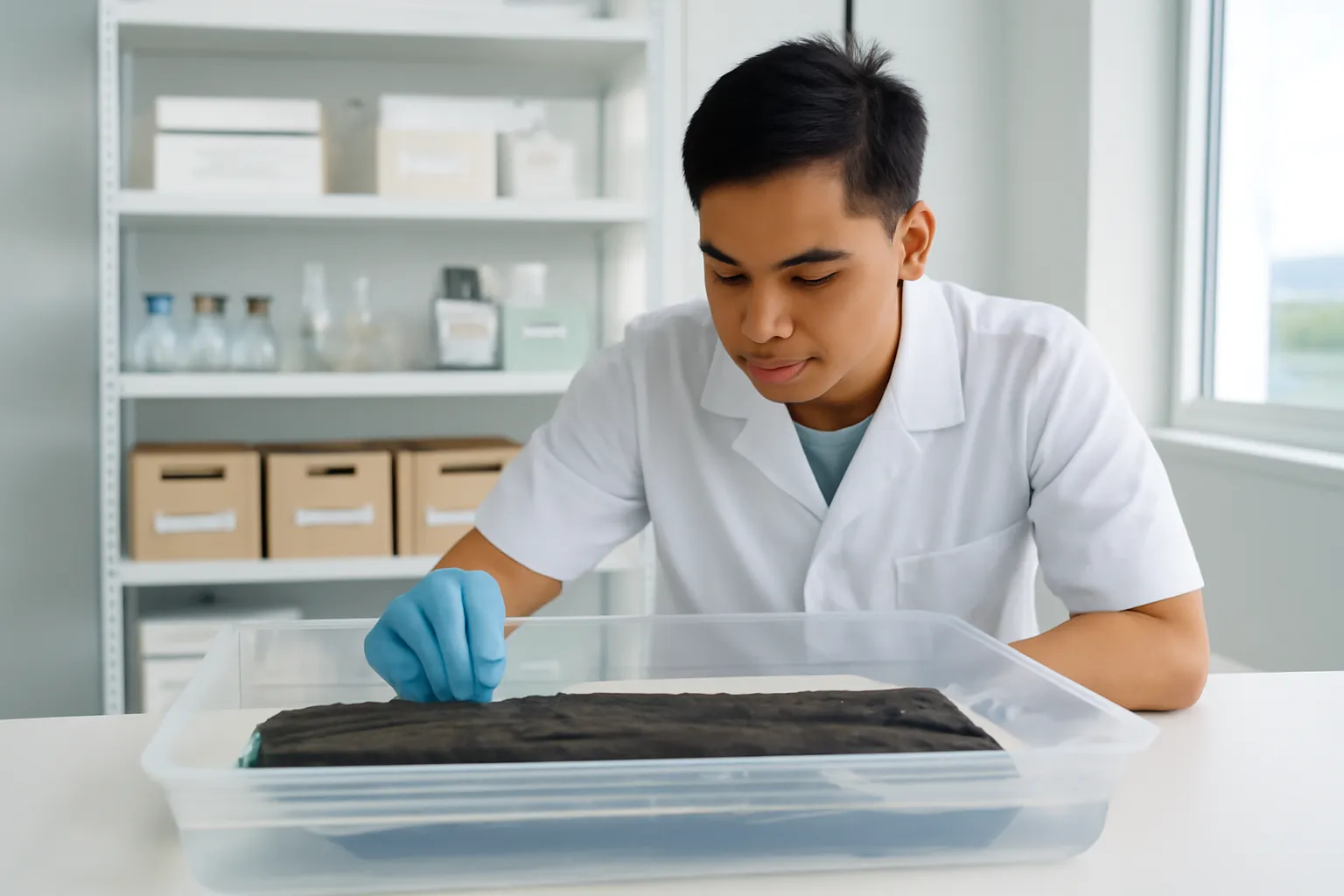 Chậu nước ngâm một mẩu gỗ cổ trong phòng bảo quản
