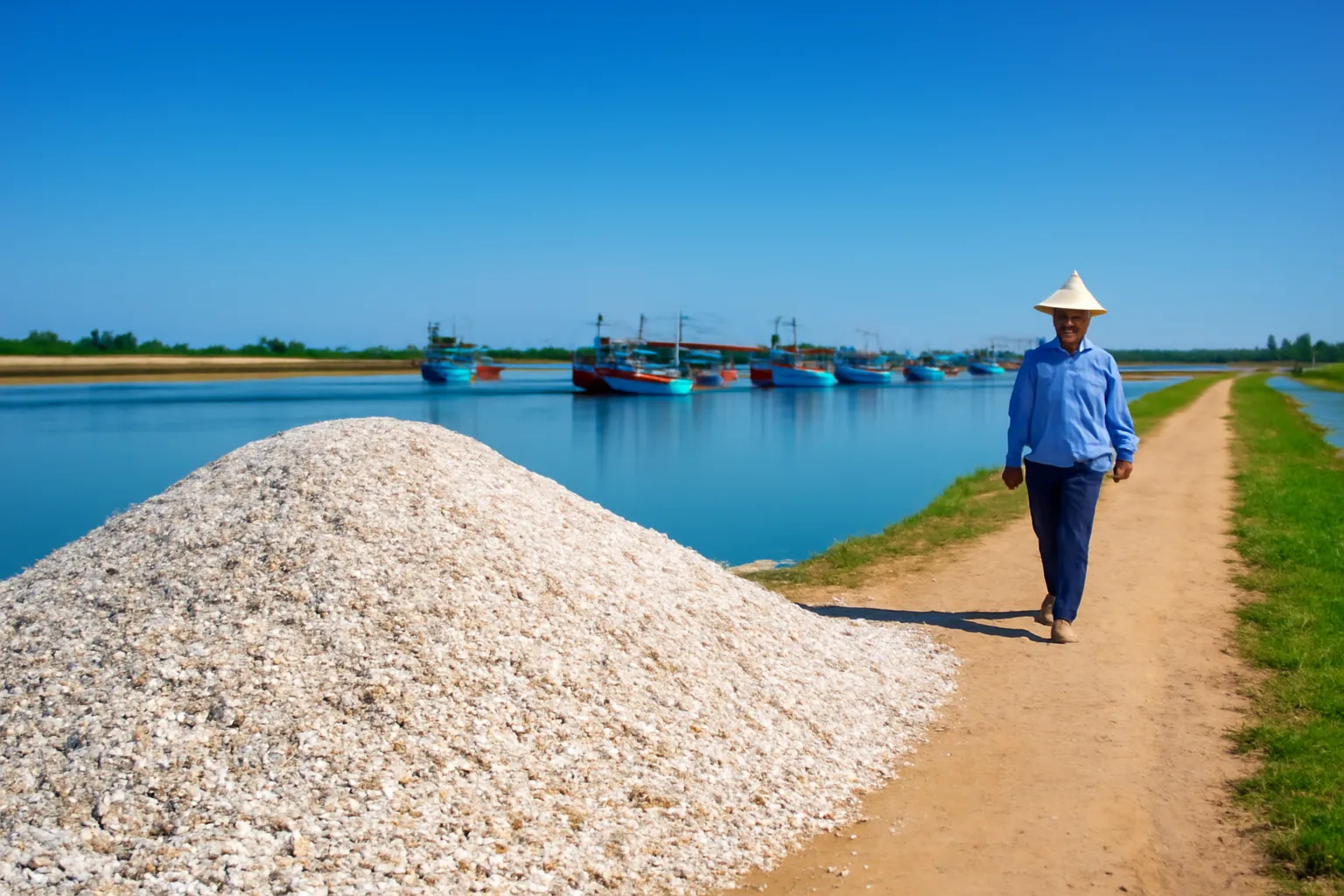 Gò vỏ sò trắng nằm cạnh một đầm nước ven biển