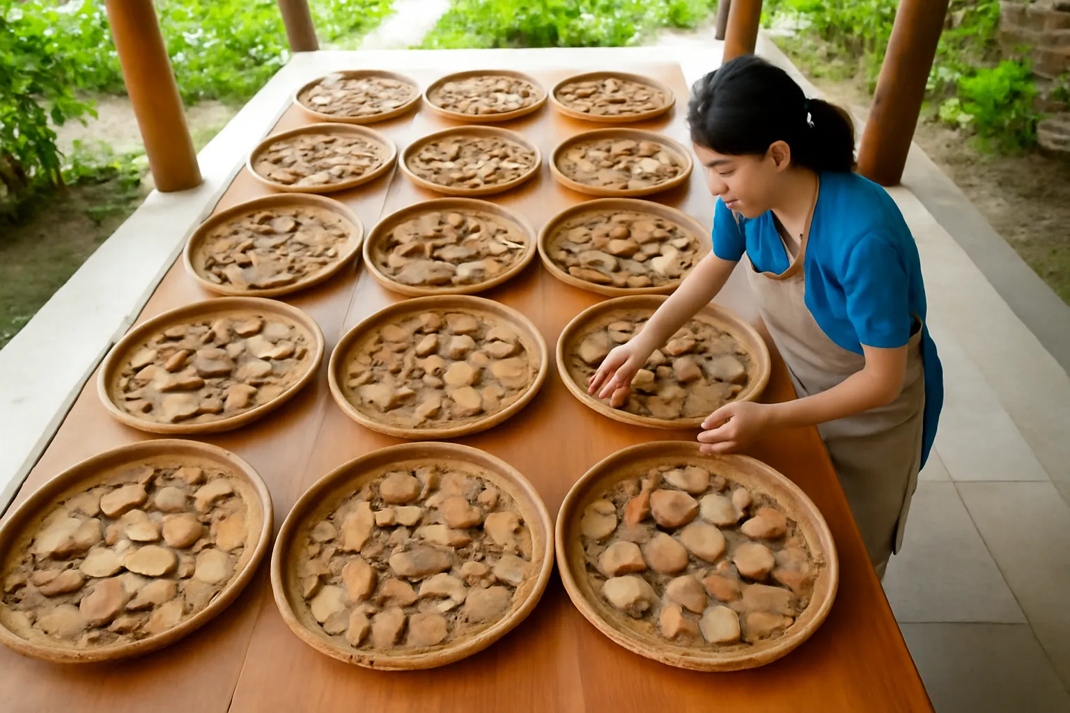 Bàn dài phơi nhiều mảnh gốm đã rửa sạch trên những khay tre