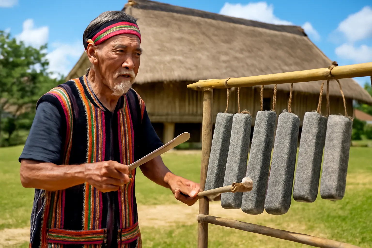 Nghệ nhân gõ những thanh đá dài treo trên giá tre
