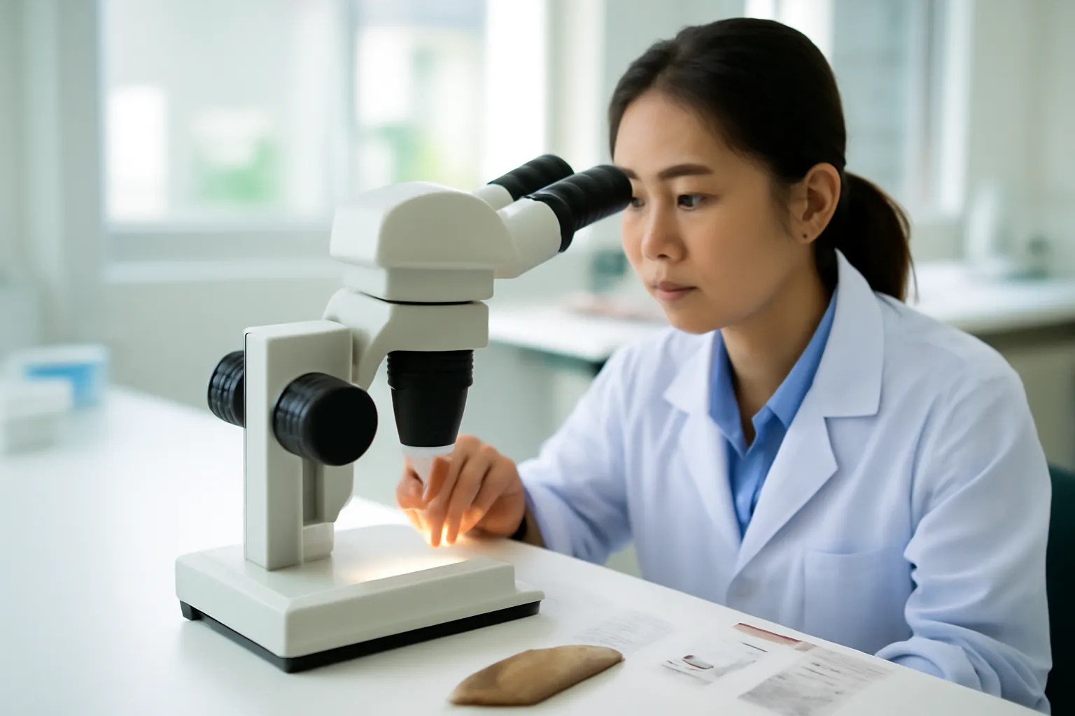 Kính hiển vi soi lưỡi một chiếc dao đá cổ trên bàn thí nghiệm
