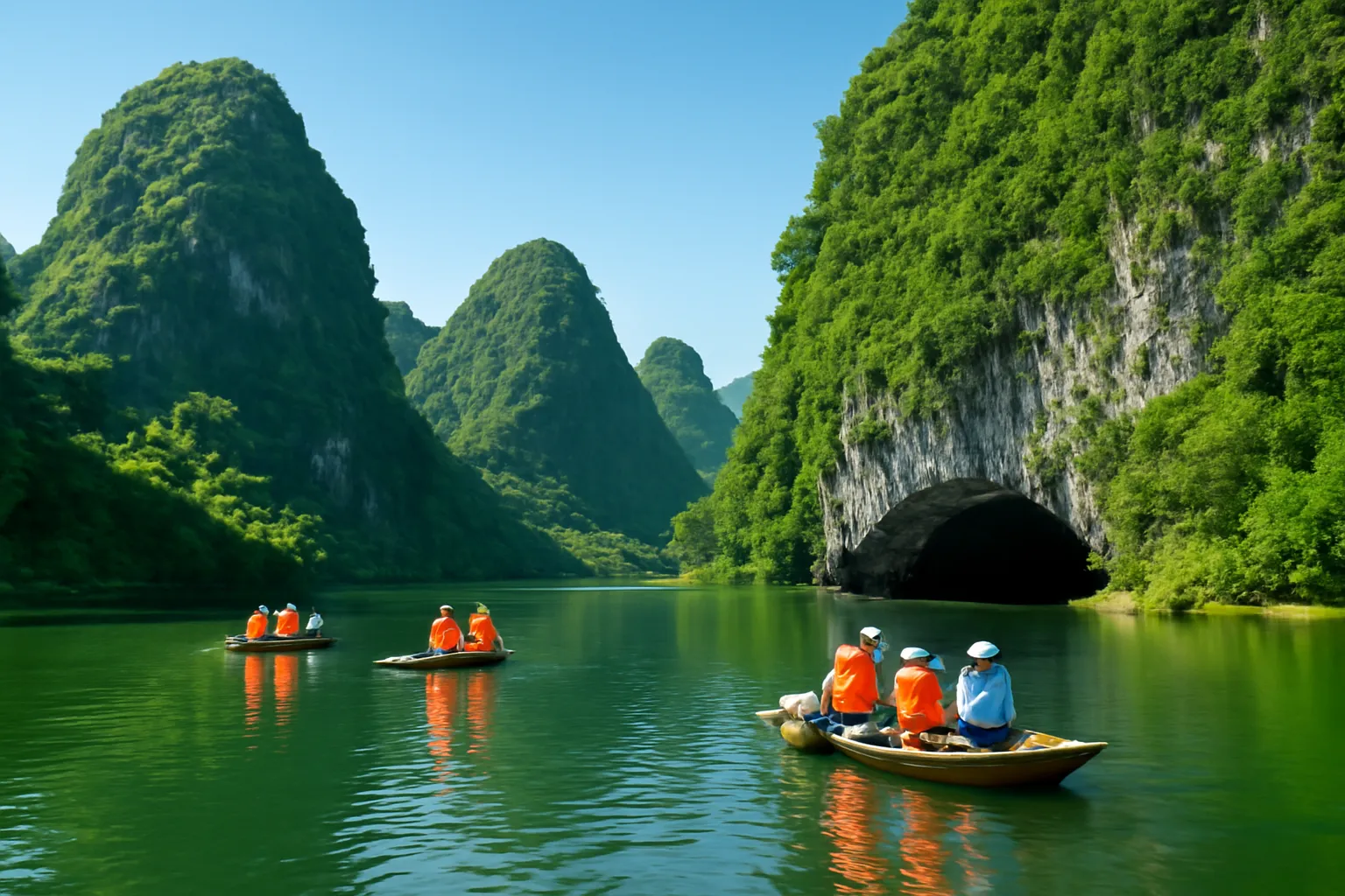 Thuyền nan len giữa những núi đá vôi trên dòng sông xanh