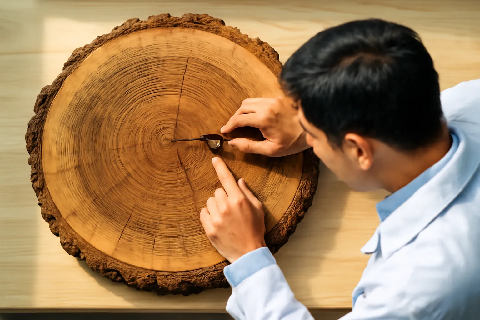 Lát cắt ngang thân cây lớn trên bàn gỗ, ngón tay lần theo các vòng năm
