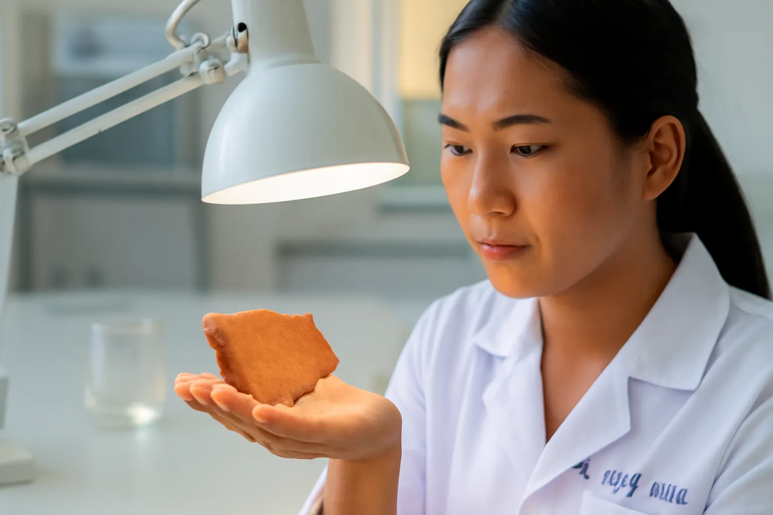 Mảnh gốm đỏ nằm trong lòng bàn tay dưới ánh đèn bàn
