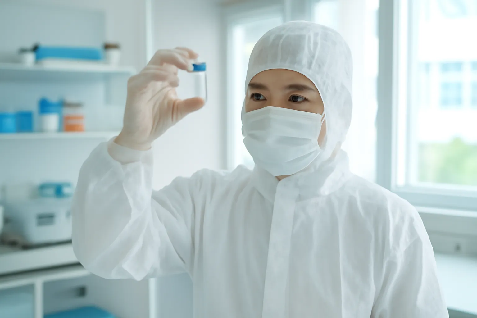 Nhà nghiên cứu mặc áo trùm kín trong phòng sạch cầm ống mẫu nhỏ