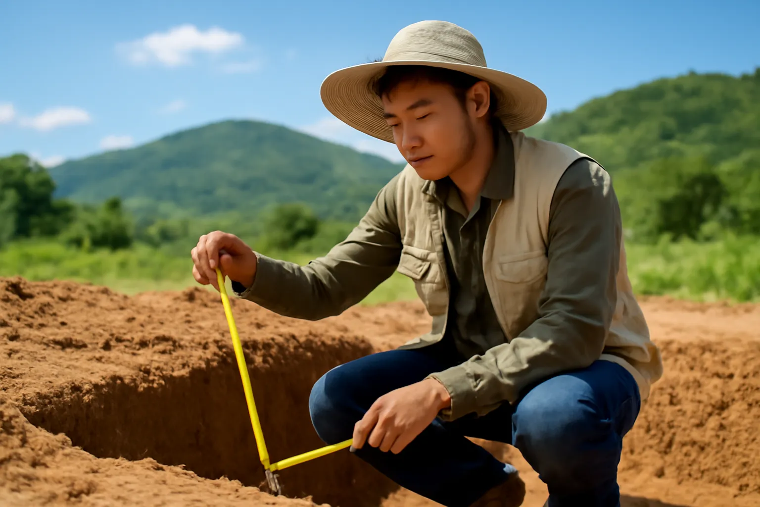 Chàng trai đội mũ rộng vành đo bằng thước dây ở rìa hố đào