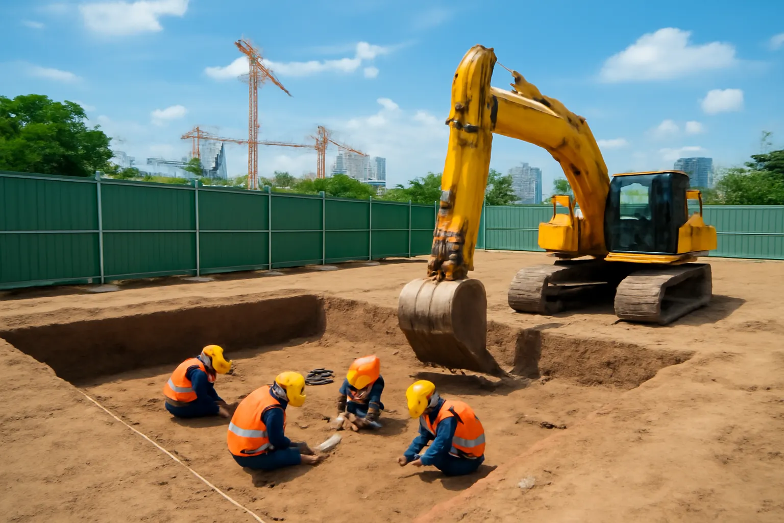 Hố khai quật khảo cổ bên cạnh máy xúc đang đứng chờ