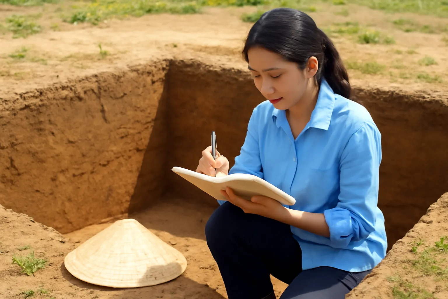 Nữ sinh viên khảo cổ quỳ cạnh vách hố đào, ghi chép vào sổ