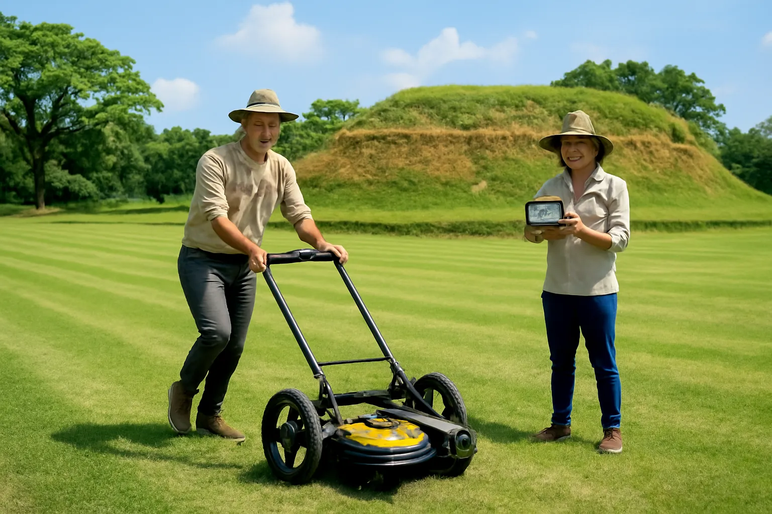 Người đẩy máy radar xuyên đất bánh xe trên bãi cỏ rộng