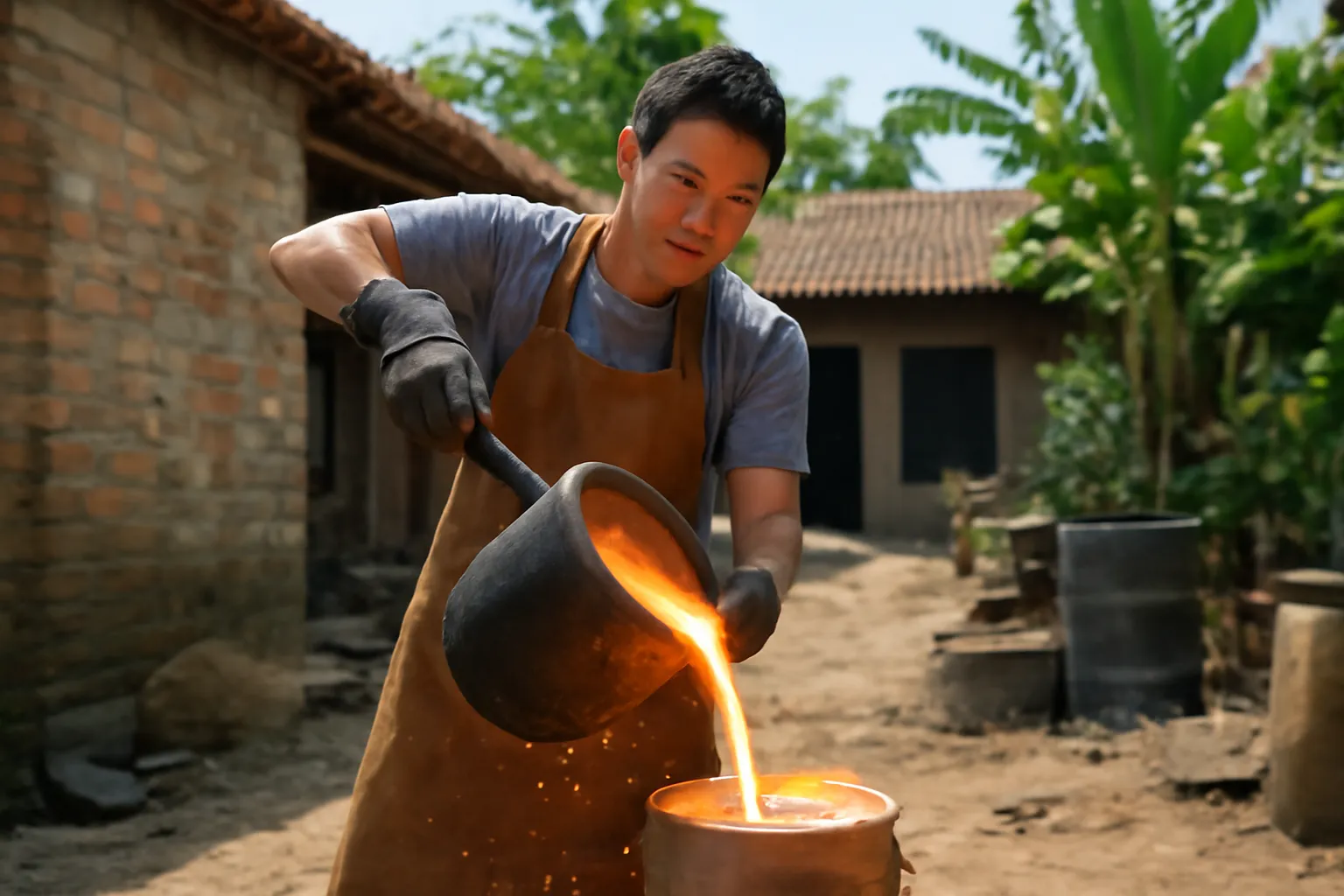 Thợ đúc làng nghề rót đồng nóng chảy vào khuôn đất