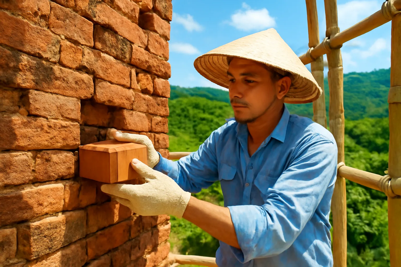 Thợ trùng tu đặt viên gạch mới vào bức tường tháp gạch cổ