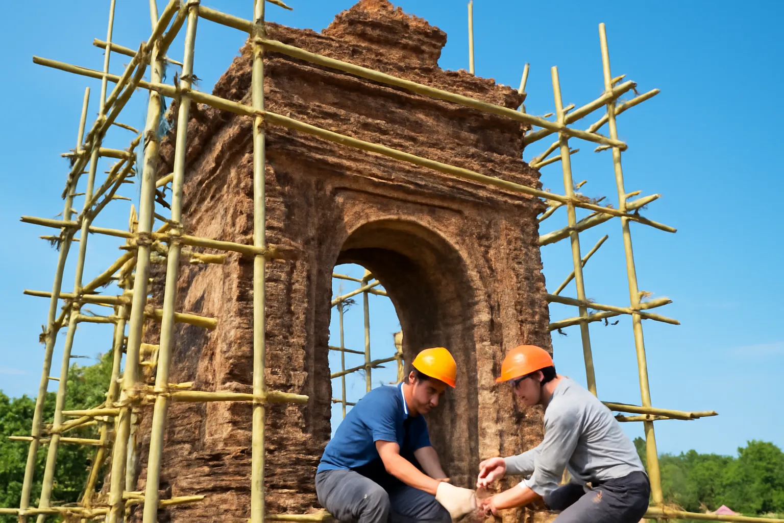 Giàn giáo tre dựng quanh bức tường gạch cổ đang trùng tu