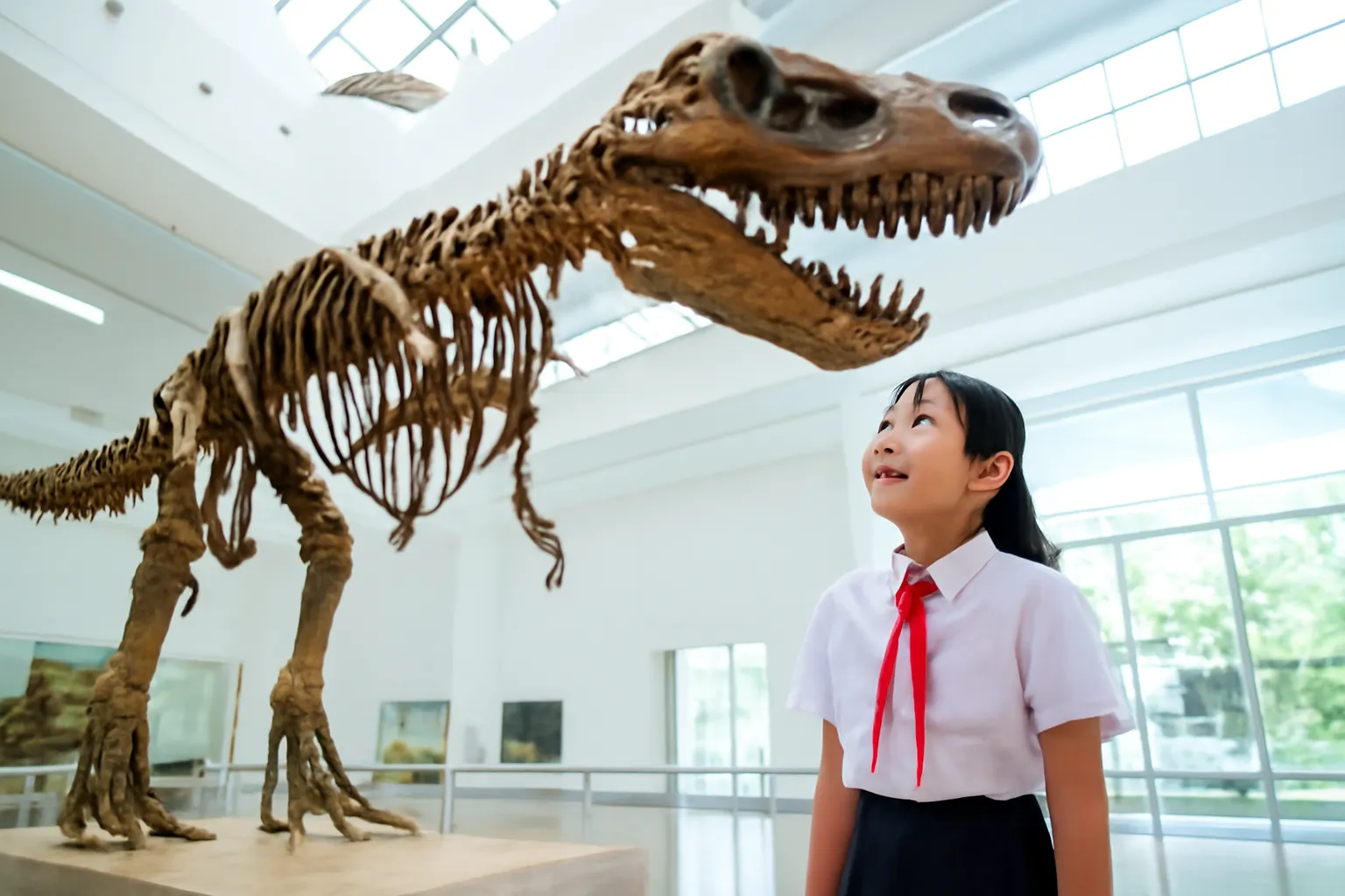 Bé gái đứng nhìn bộ xương khủng long lớn trong sảnh bảo tàng