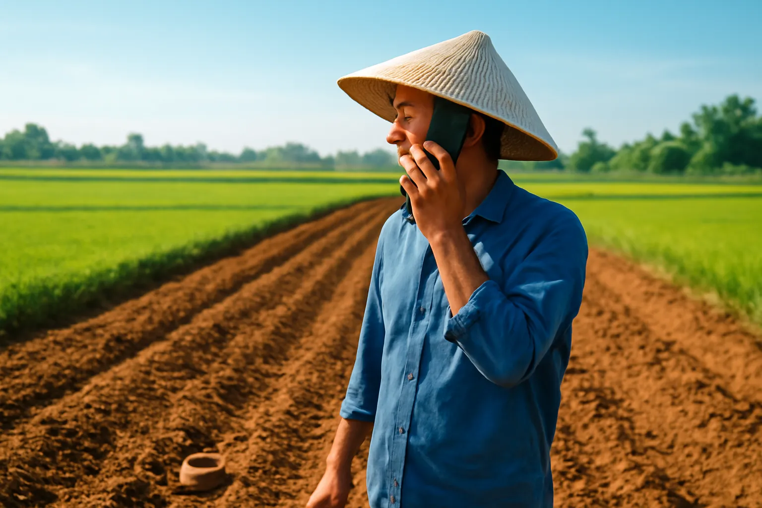 Người nông dân đứng cạnh luống cày, cầm điện thoại gọi