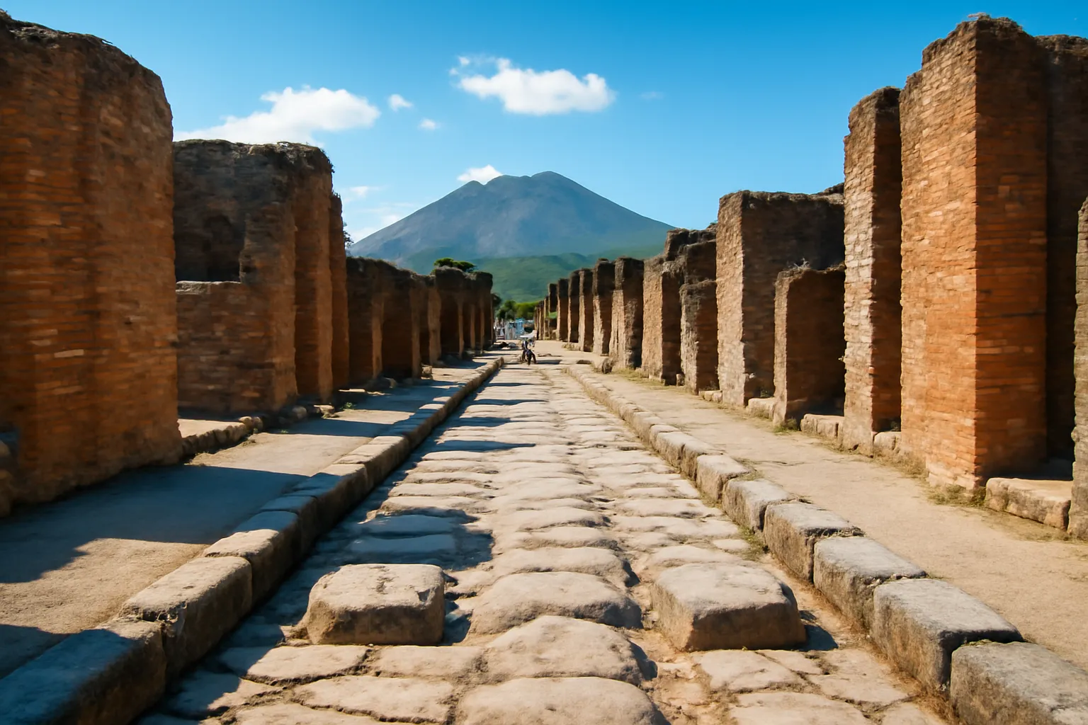 Con phố lát đá cổ ở Pompeii, ngọn núi Vesuvius phía xa