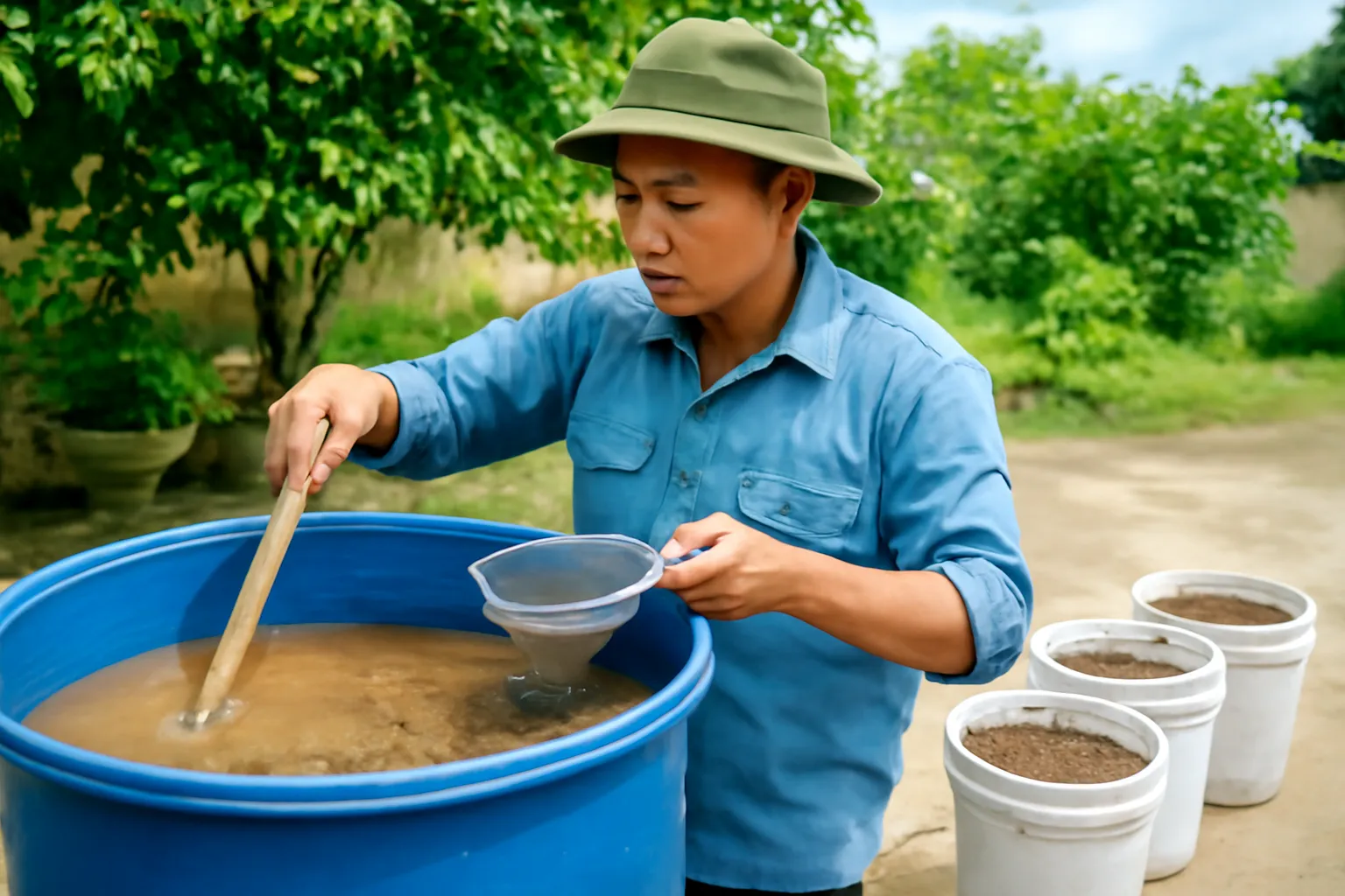 Người khuấy thùng nước đất và vớt lớp hạt nổi bằng rây mịn