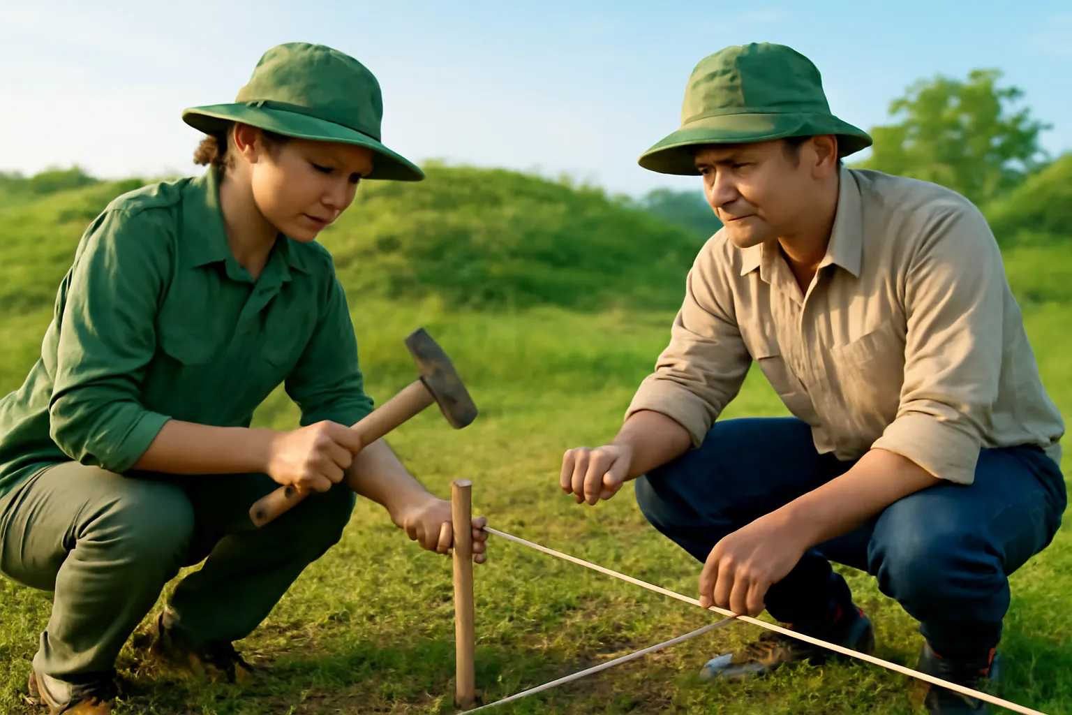 Hai người đóng cọc và căng dây chia hố vuông trên bãi cỏ trống
