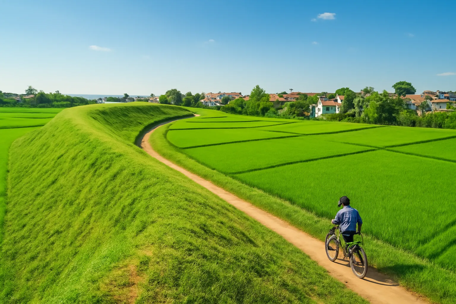 Bờ thành đất phủ cỏ chạy dài bên cạnh những thửa ruộng