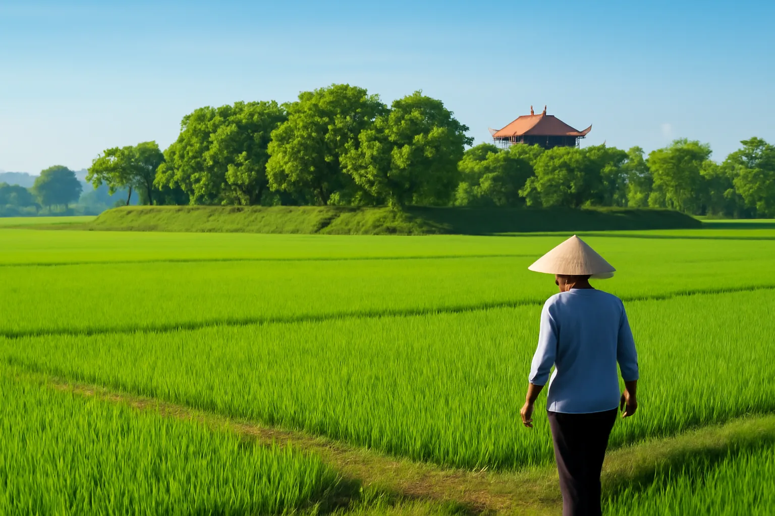 Ruộng lúa xanh với một gò đất cao chạy dài phía xa