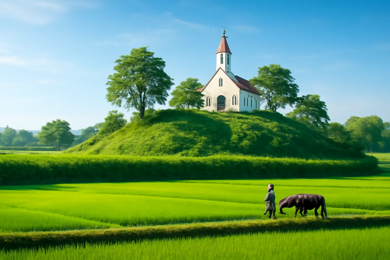 Đồi thấp phủ cây xanh, bờ tre và ruộng lúa ở vùng quê Quảng Nam