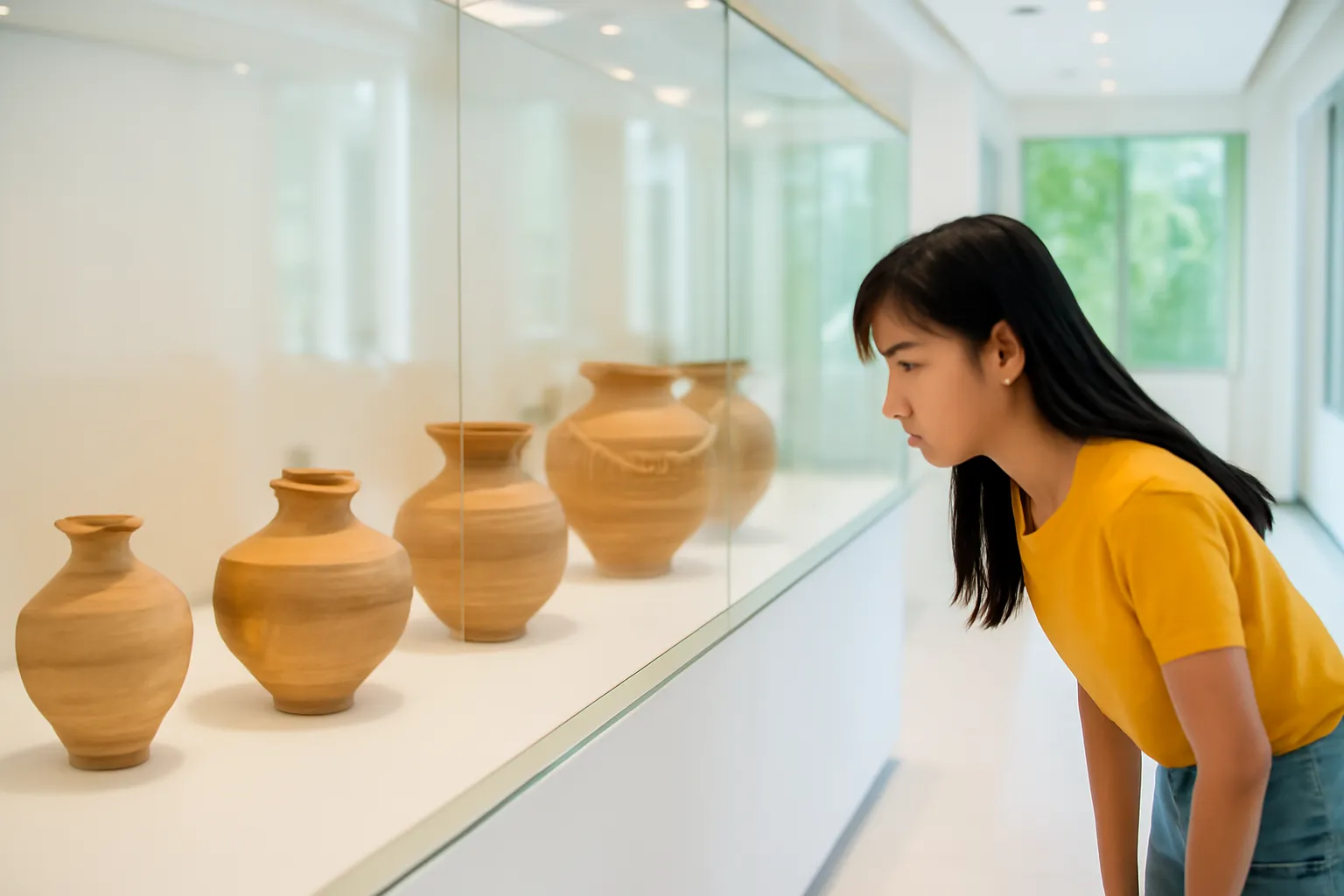 Tủ kính bảo tàng xếp đồ gốm theo từng thời kỳ dưới ánh đèn trắng