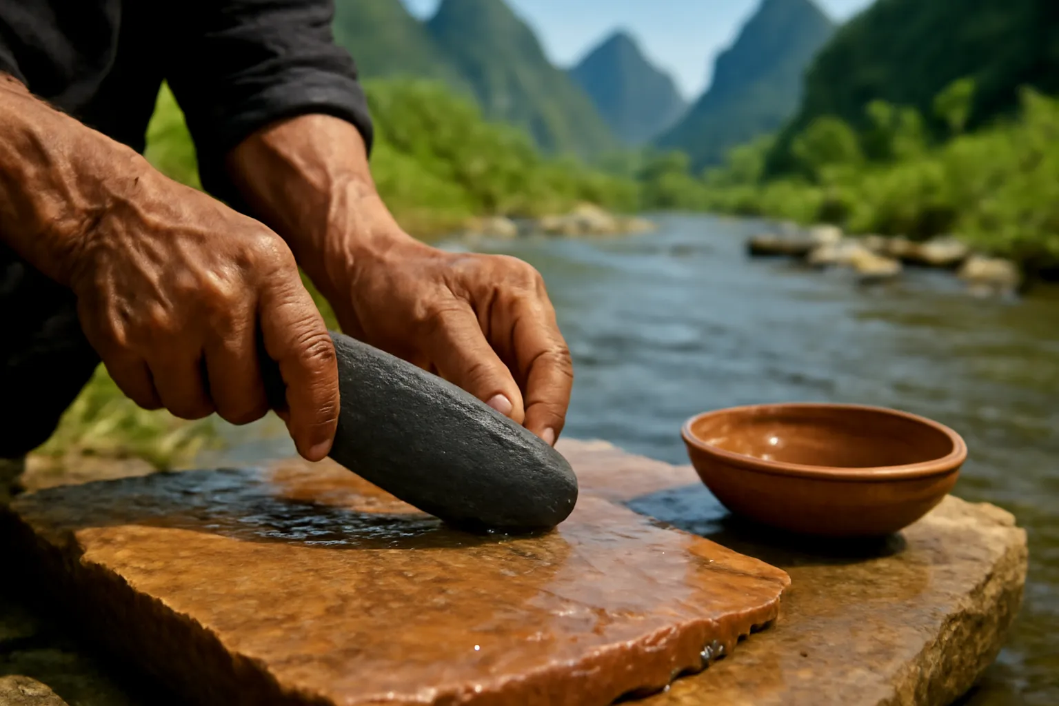 Bàn tay mài lưỡi rìu đá trên phiến đá ướt