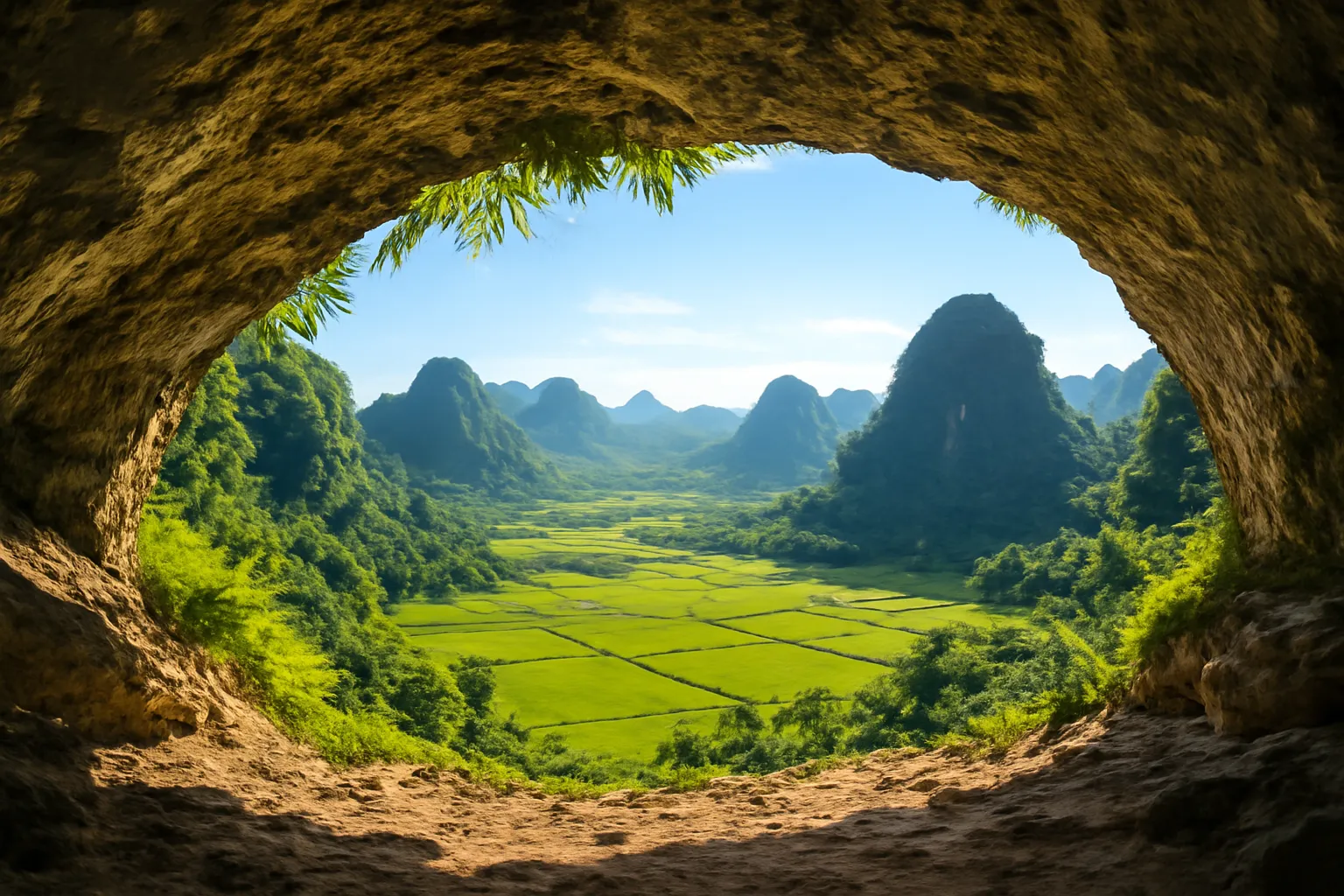 Cửa hang đá vôi rộng nhìn ra thung lũng xanh bên dưới