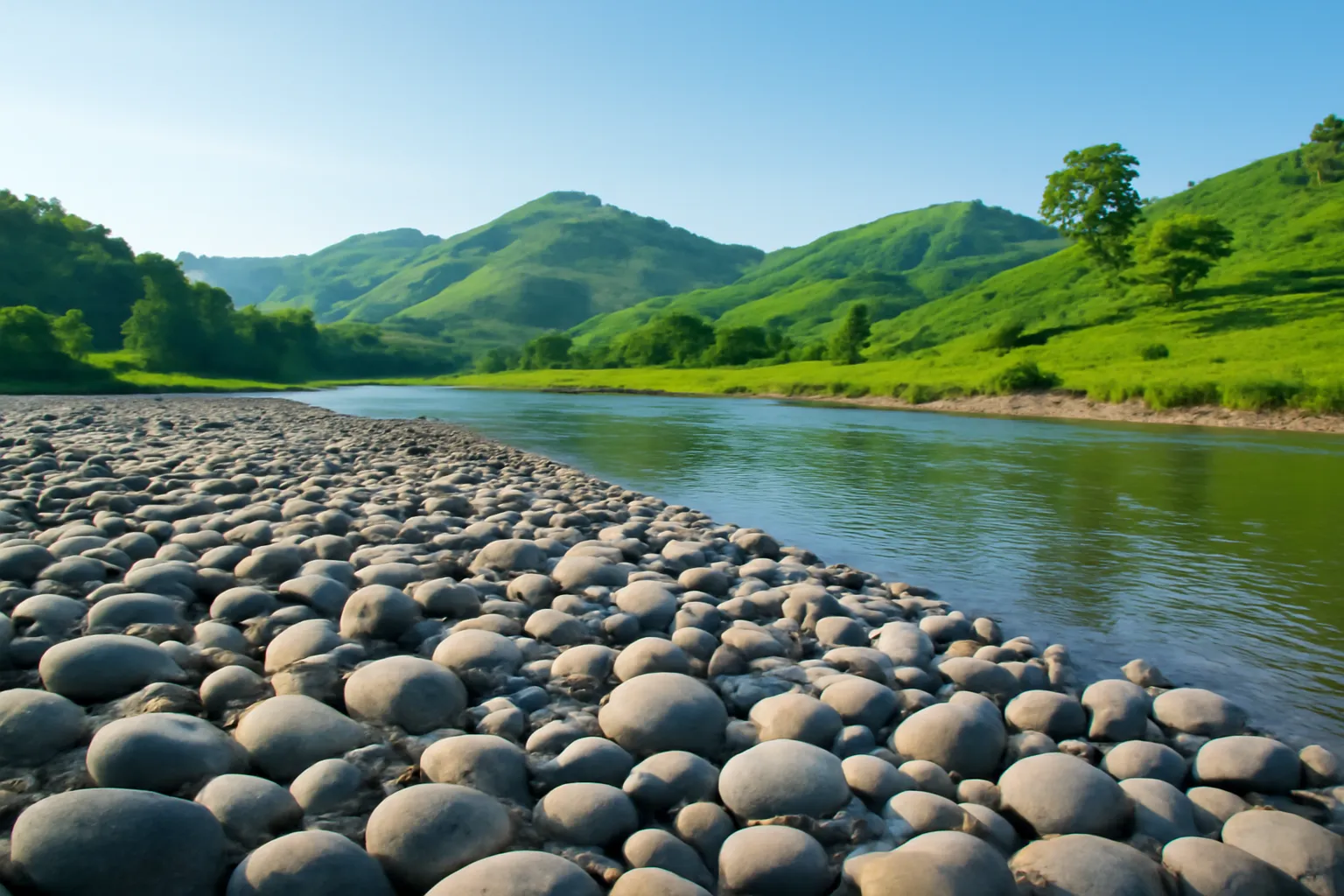 Bãi cuội rộng ven một dòng sông vùng trung du lúc sáng sớm