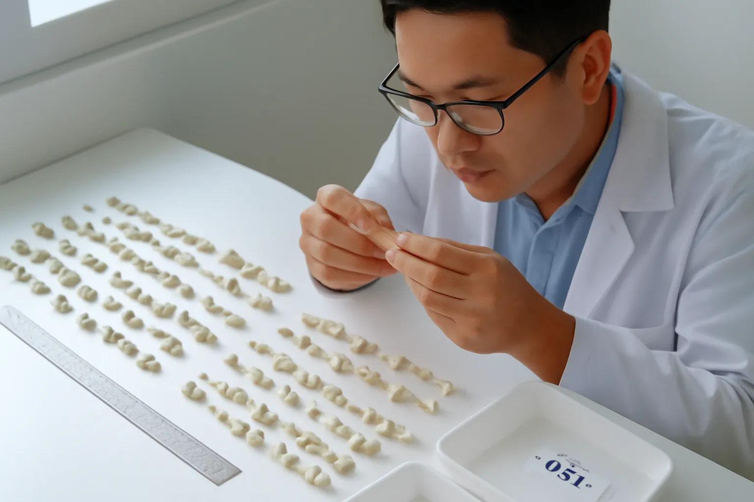 Những mảnh xương động vật nhỏ xếp thành hàng cạnh thước đo trên bàn